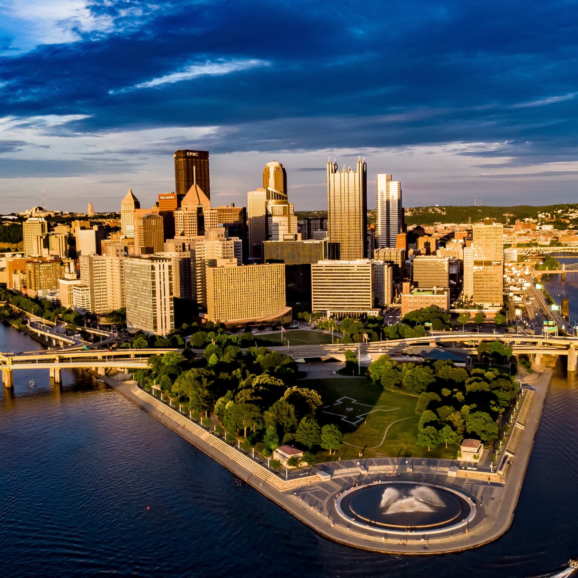 Helicopter view of Pittsburgh skyline taken from above Point Pittsburgh