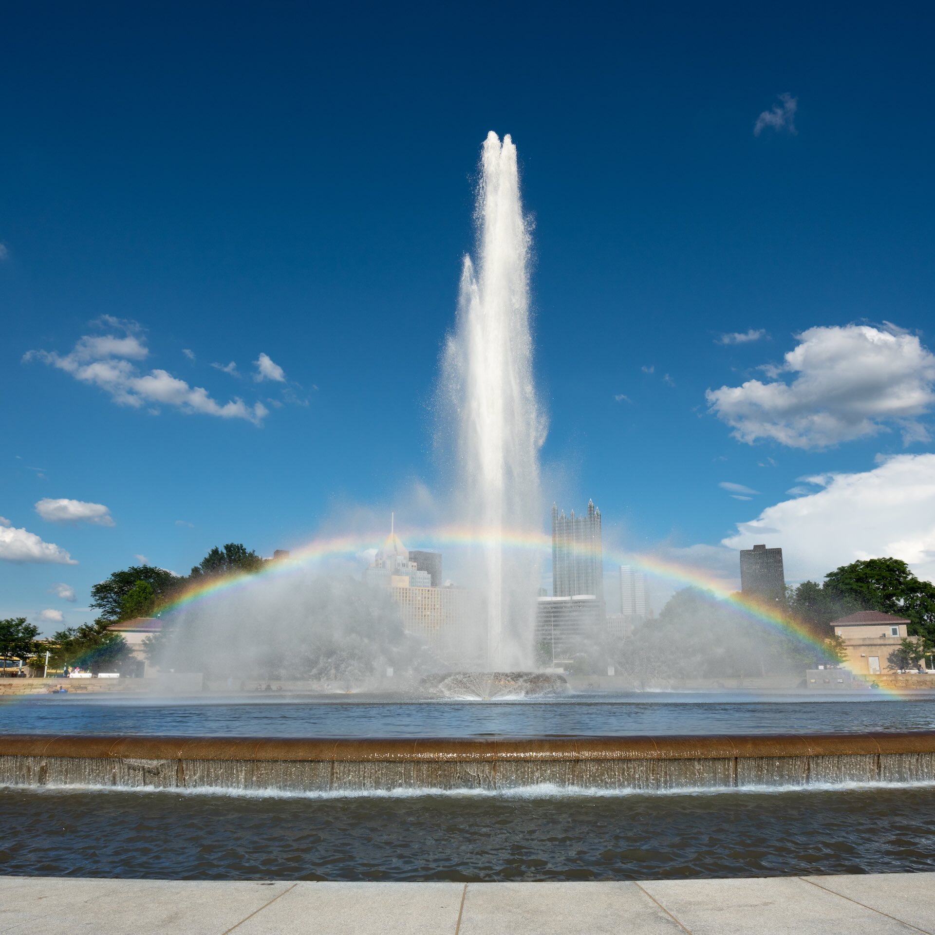 Fountain with rainbow in Point State Park in Pittsburgh